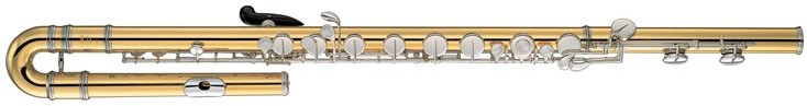 Gold vertical flute with curved end.
