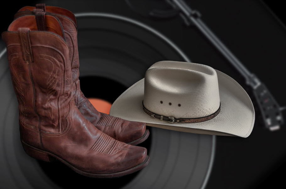 Vinyl album with cowboy hat and boots on top.