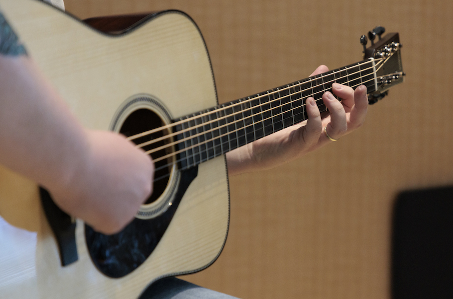 Closeup of acoustic guitar being played.