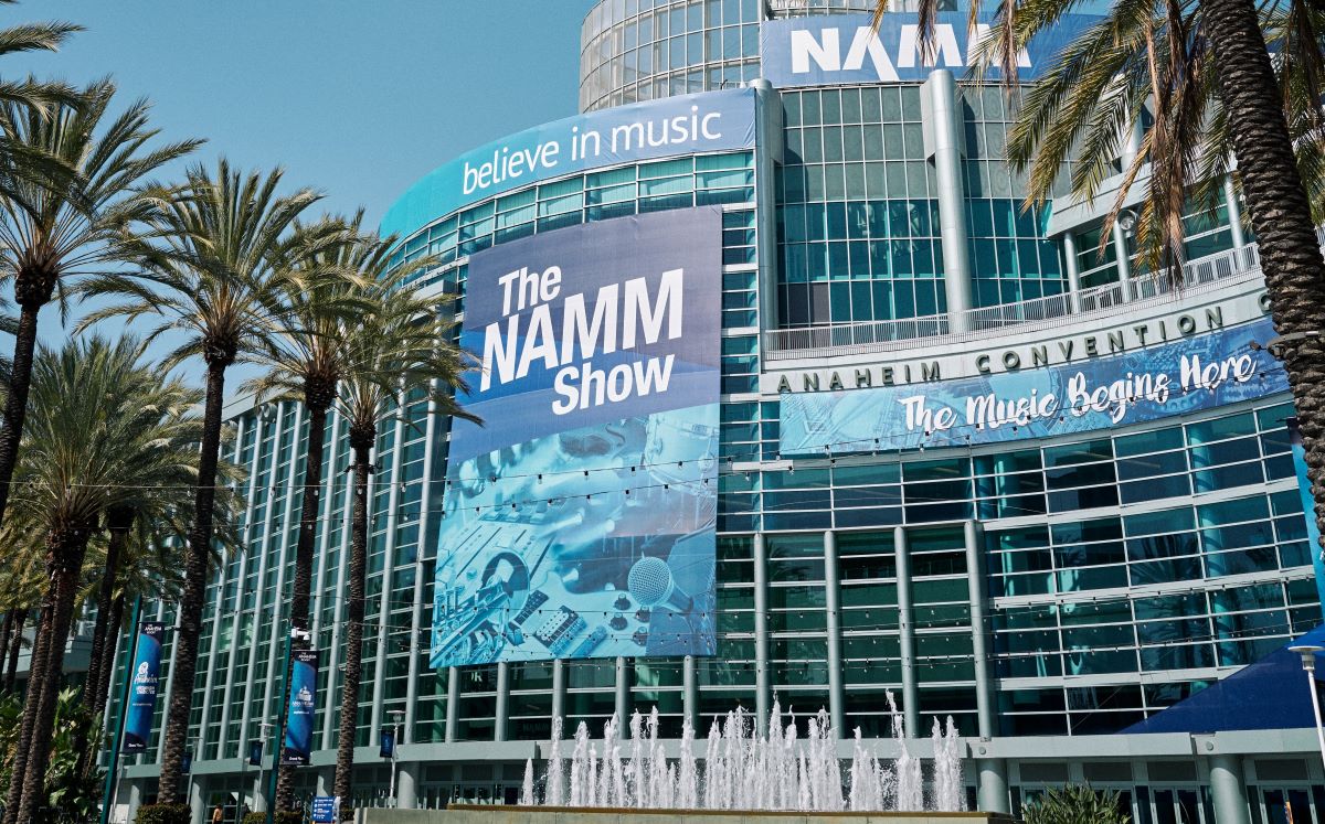Exterior of Anaheim Convention Center with NAMM Show signage.