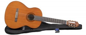 A nylon-string acoustic guitar with case, strap, tuner and picks.