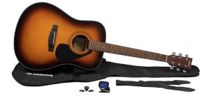A steel-string acoustic guitar with case, strap, tuner and picks.
