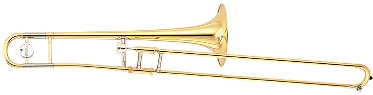 Gold trombone seen in profile.