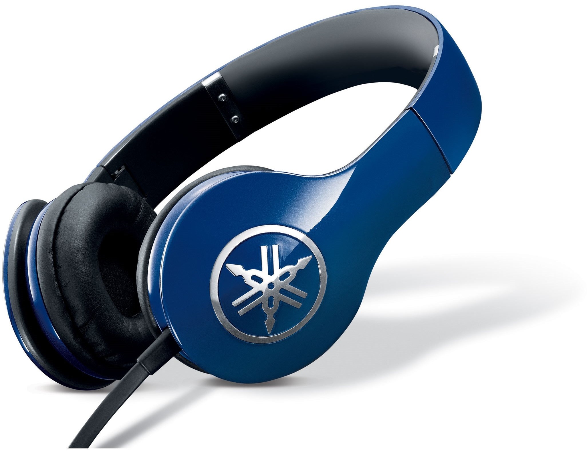Blue over the head headphones with Yamaha logo visible.