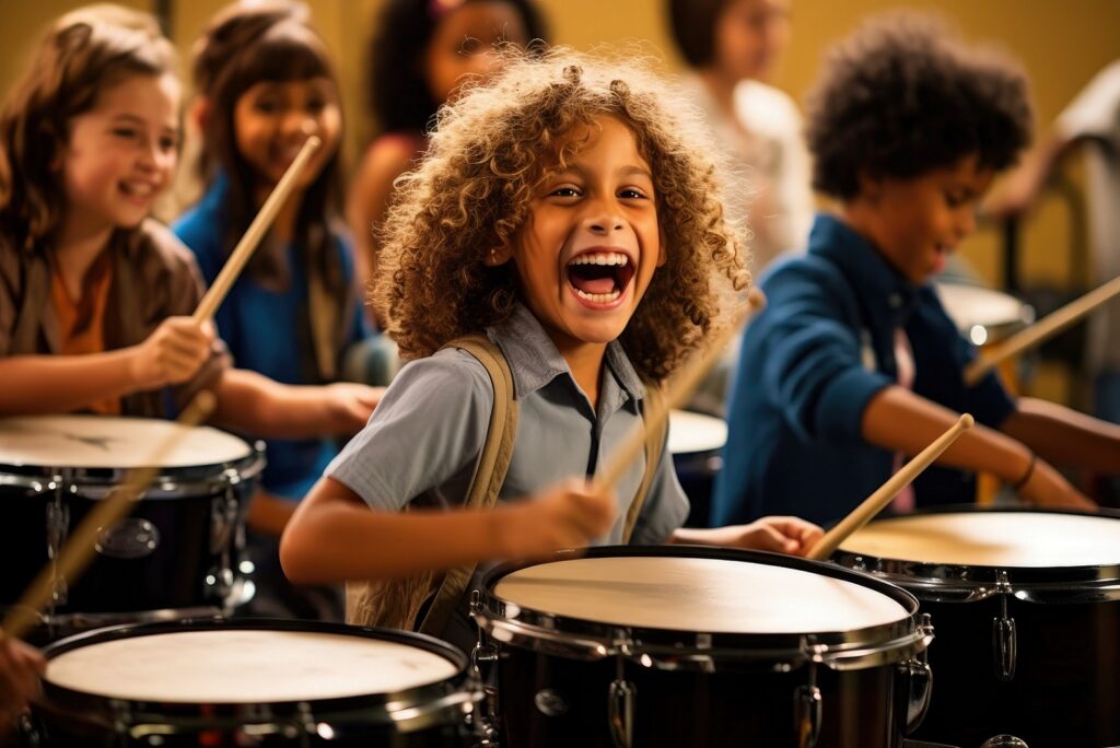 happy elementary student during percussion lesson
