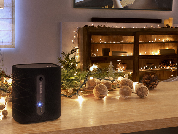 Small speaker on table with holiday decorations.
