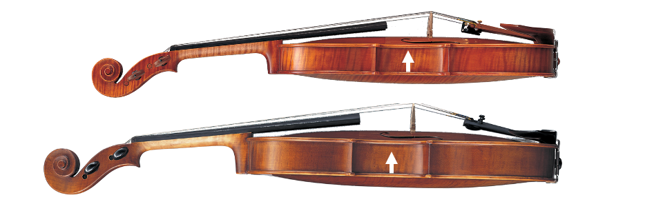 Side view of a viola and a violin.