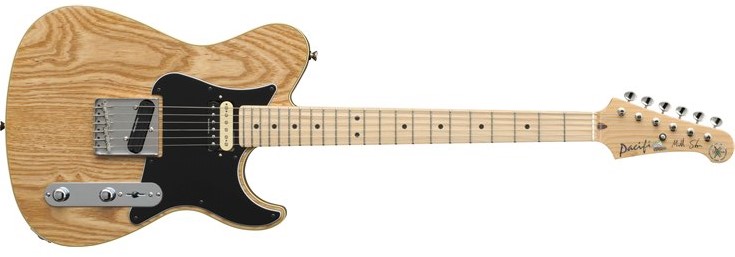 Natural wood bodied electric guitar.