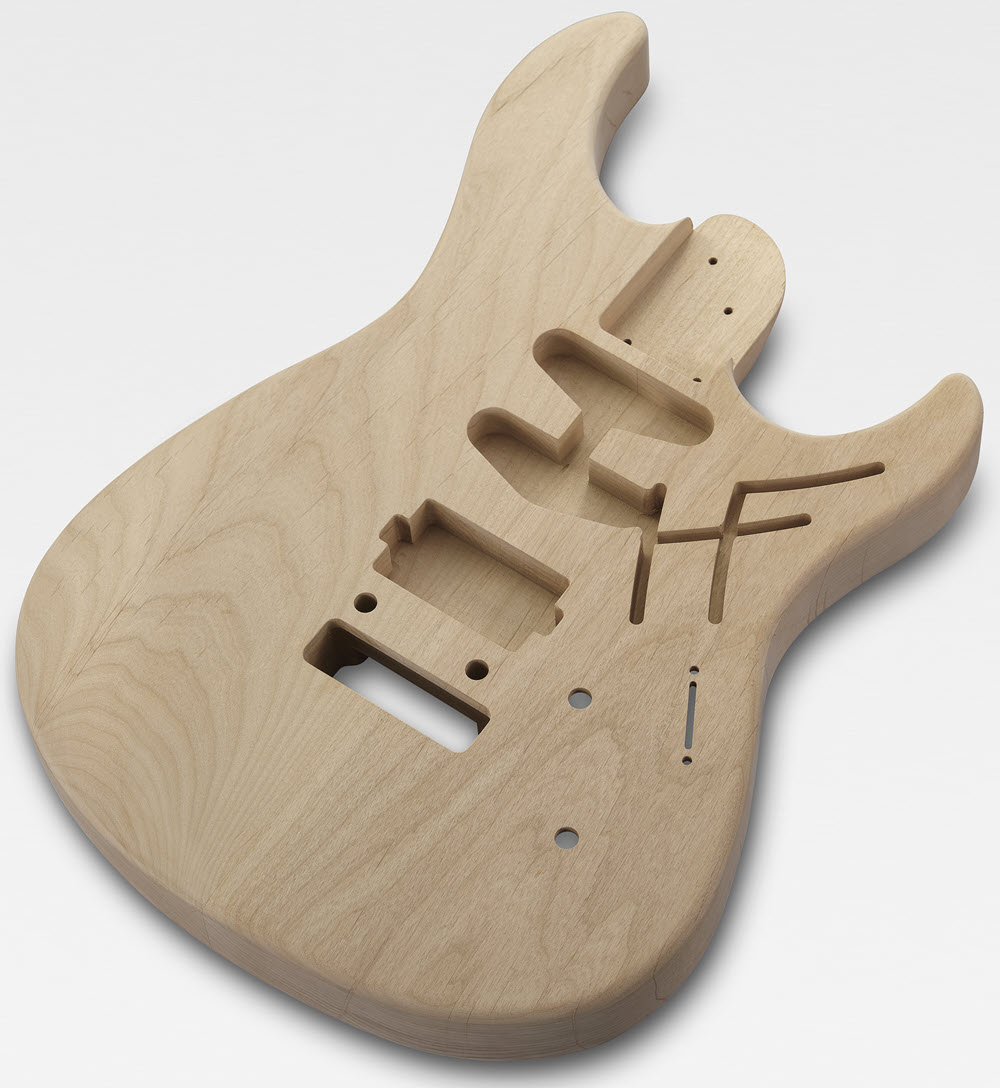 Unfinished electric guitar body.
