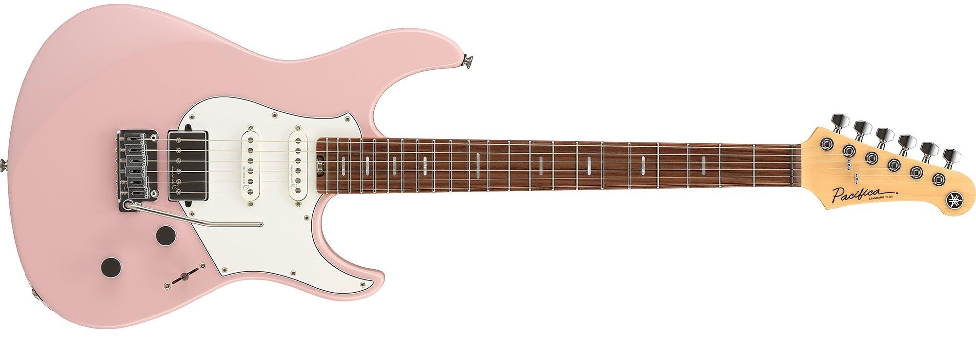 Pink and white electric guitar.