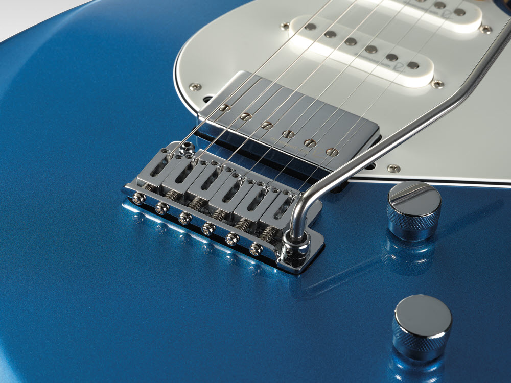 Closeup of the body of the electric guitar.