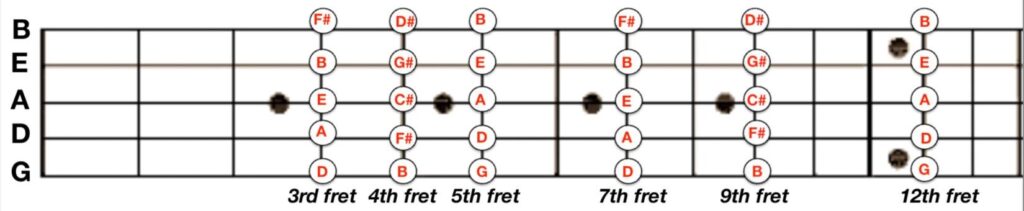 Fingering chart for bass guitar.