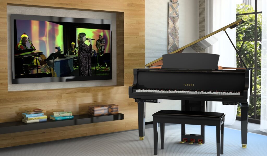 Modern player piano in upscale living room.