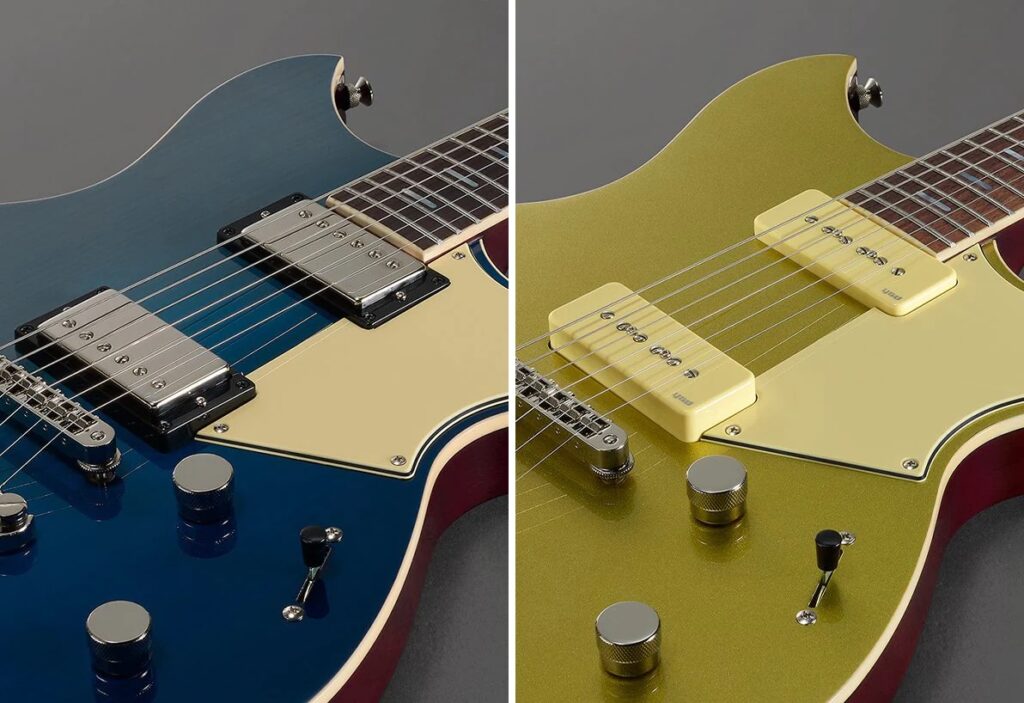 Closeups of two electric guitar pickups, side by side.