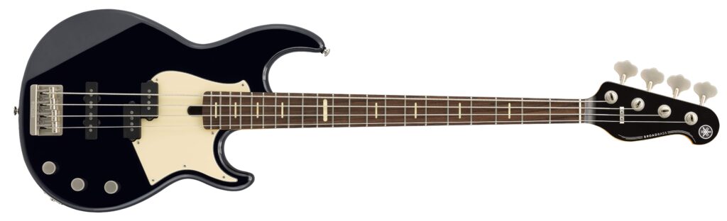 An electric bass guitar with a black finish and a white pickguard.