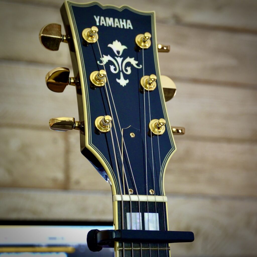 A guitar headstock and top of guitar fretboard with a capo attached.