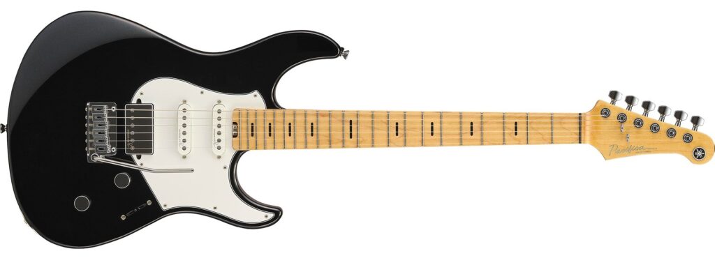 A black electric guitar.