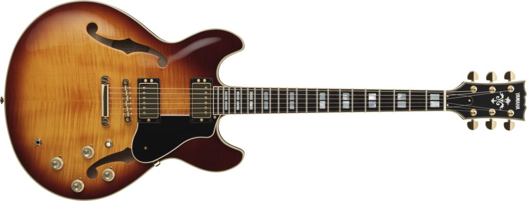 A hollow-body electric guitar with a double cutaway body and a sunburst finish.