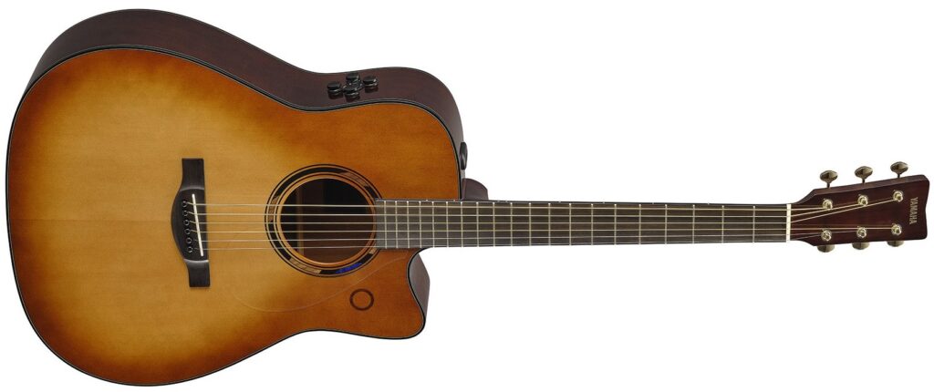 An acoustic guitar with a cutaway body.