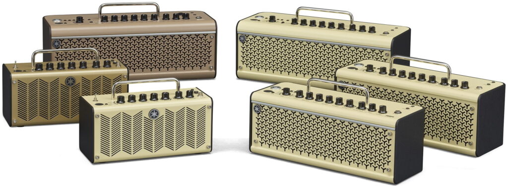 Six small desktop guitar amplifiers.