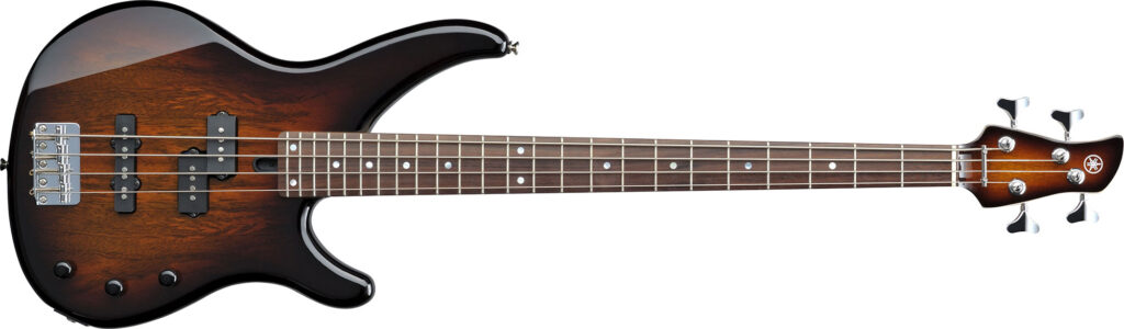 An electric bass guitar with a dark wood finish.