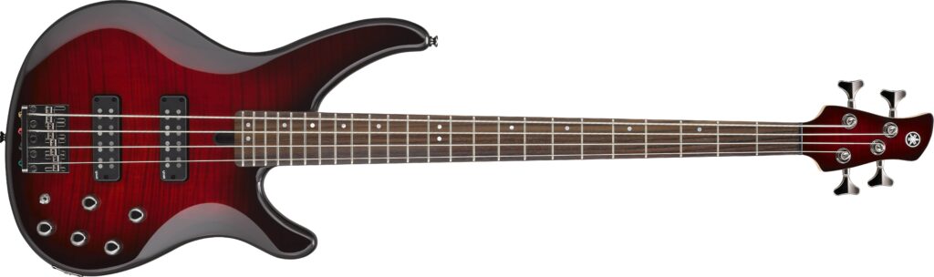 An electric bass guitar with a brown finish.