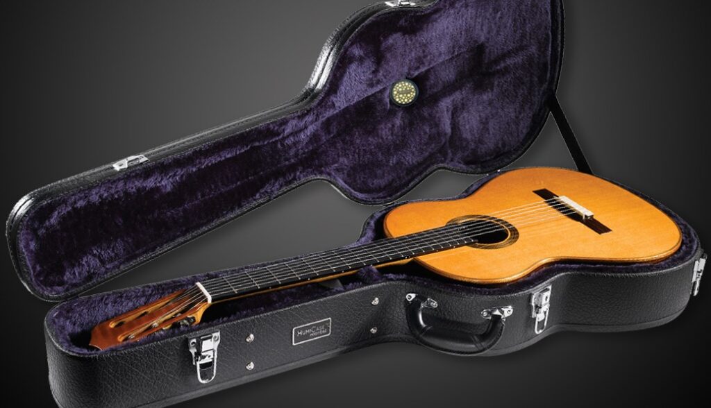 An open guitar case with an acoustic guitar inside.