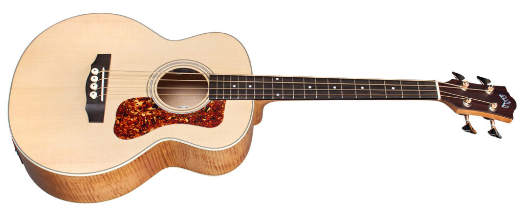 An acoustic bass guitar with a natural wood finish.