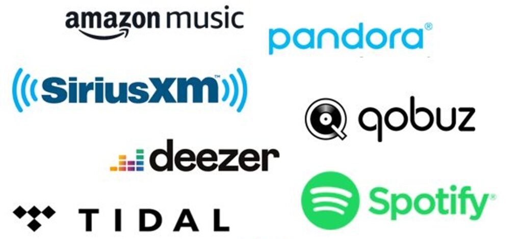 The logos of seven streaming services.