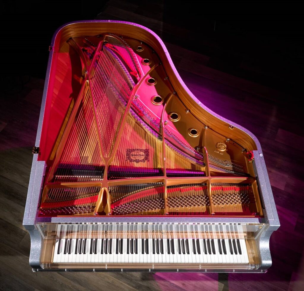 A view of a coverless grand piano from above.