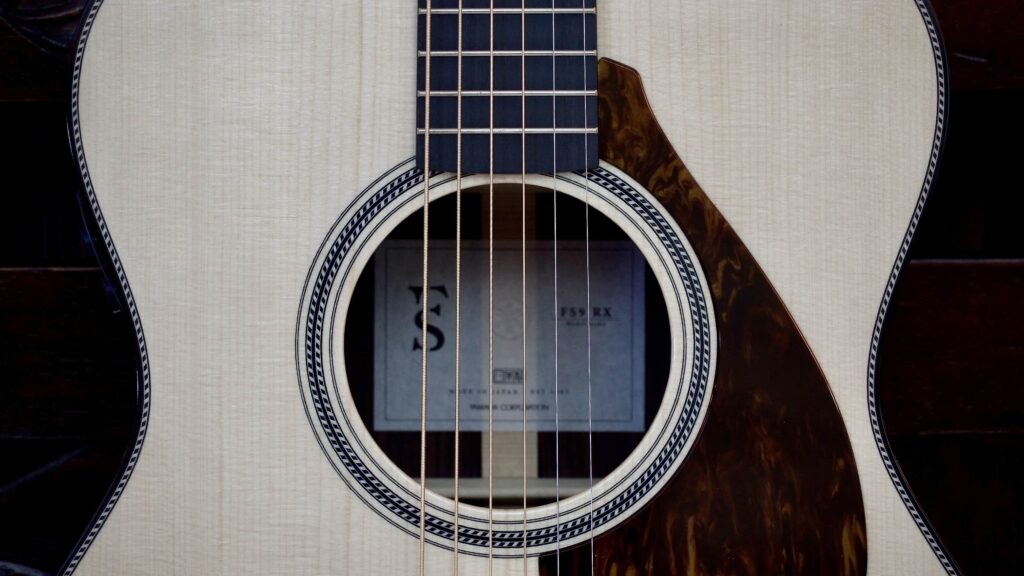 An acoustic guitar soundhole with purling around the edges.