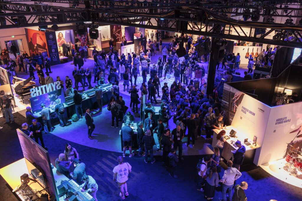 An overhead view of the main Yamaha booth at NAMM 2025.