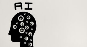 artwork of a silhouette of a head covered in eyes with AI written over it
