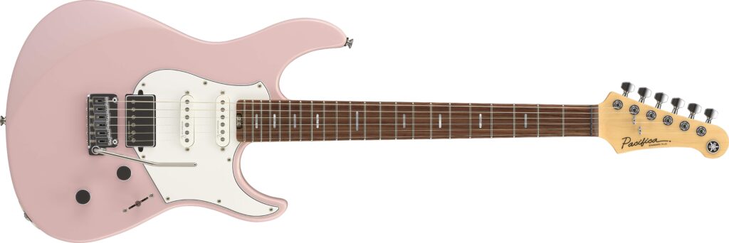 A pink Yamaha electric guitar.