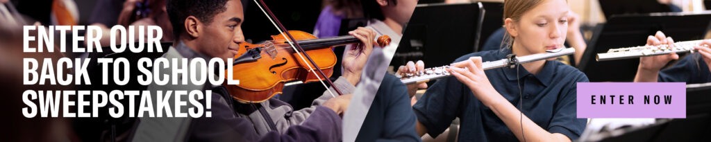 Image of a students playing violins and flutes, with a text overlay that reads "Enter Our Back to School Sweepstakes!"