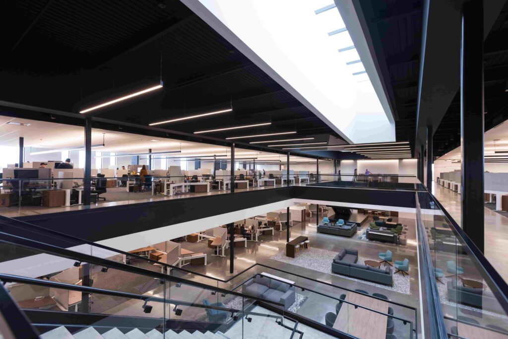 A two-story open-concept area in an office building.