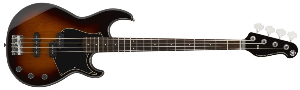 A brown four-string electric bass guitar.