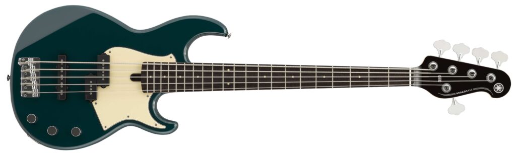 A black five-string electric bass guitar.