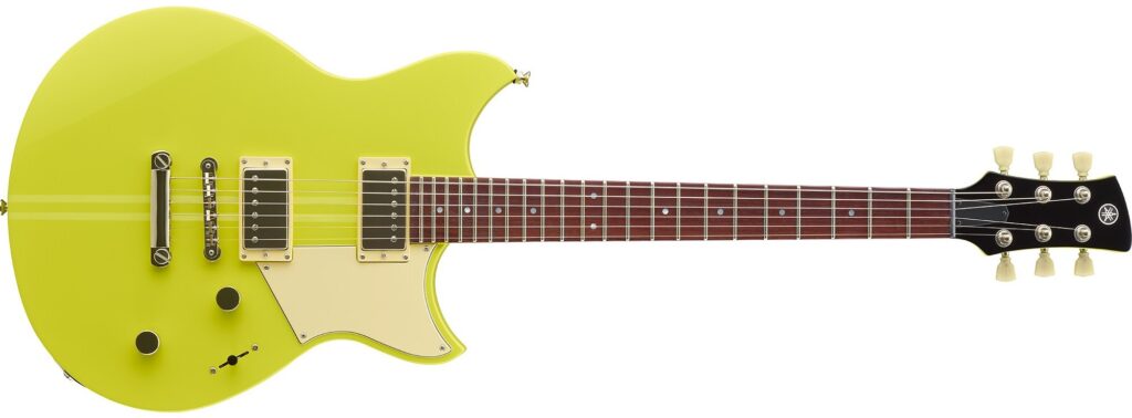 A yellow Yamaha electric guitar.