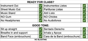 band class checklist in English and Spanish