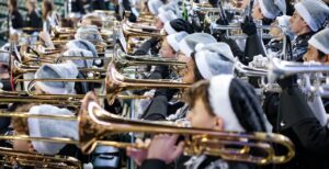 marching band performing from stands