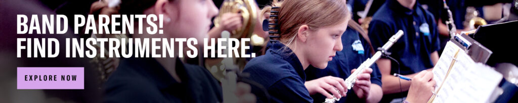 Image of a students playing woodwind instruments, with a text overlay that reads "Band Parents! Find Instruments Here."