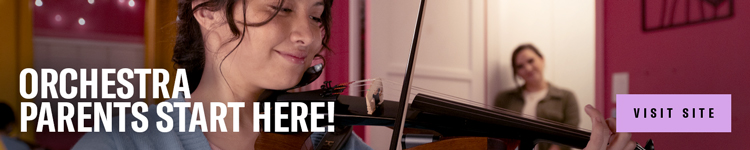 Image of a girl playing violin with her mother smiling in the background, with a text overlay that reads "Orchestra Parents Start Here1"