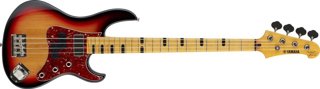 A four-string Yamaha electric bass with a sunburst finish.