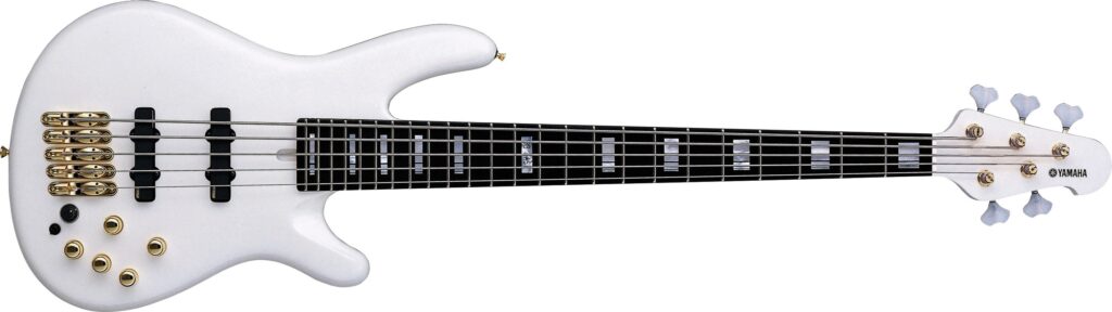 A white five-string electric bass.