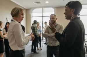 small group of people at conference talking 