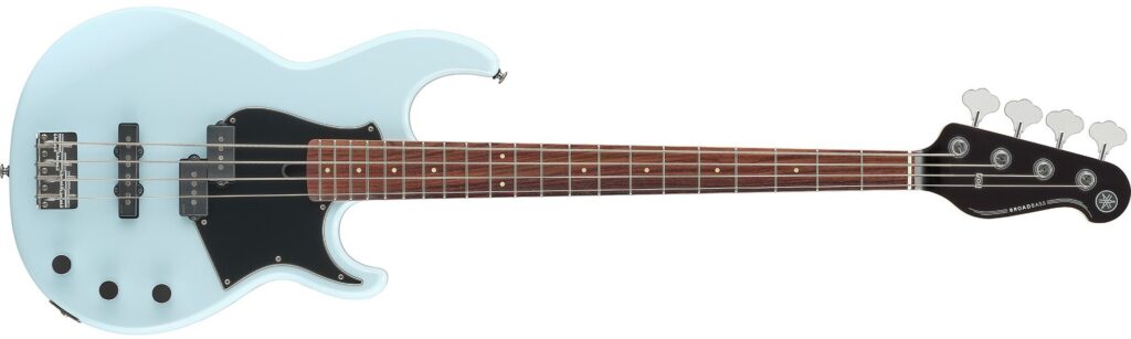 A light blue electric bass guitar.