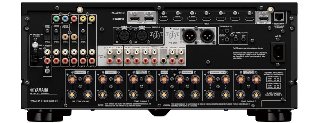 Rear panel of a Yamaha RX-A8A audiovisual receiver.