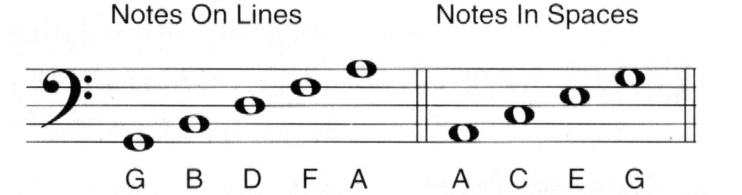 Musical notation showing a bass clef staff and the notes on lines and spaces.