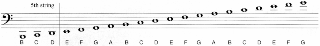 Musical notation showing a bass clef staff and all the notes on a five-string bass.